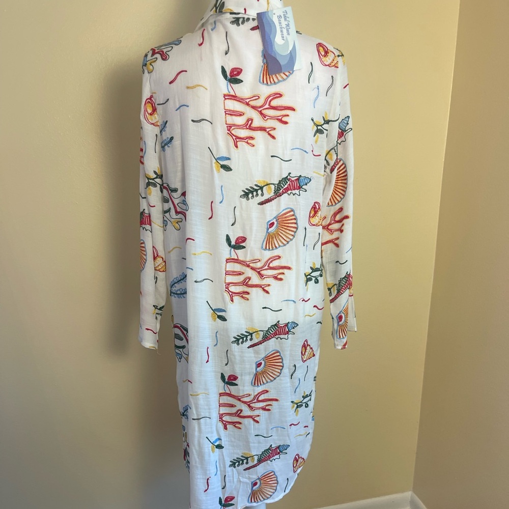 Coastal Embroidered Beach Cover Up Midi Shirt Dress Ocean Theme Lemons Resort S - Picture 6 of 14